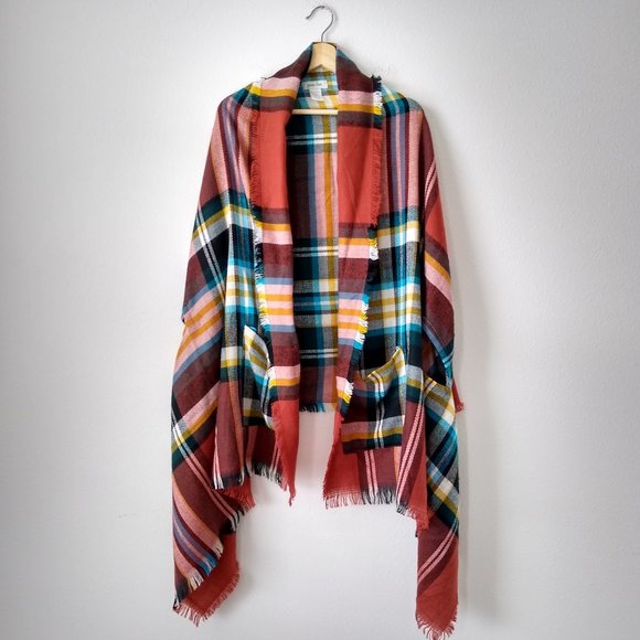 Grace & Lace Accessories - Grace & Lace Andres Plaid Pocket Poncho Blanket Shawl Raw Edges